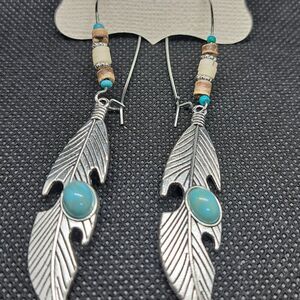 Western Boho Silver Tone Feather Drop Earrings w/Faux Turquoise- NWOT